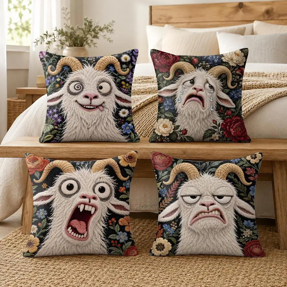 Funny Screaming Goat Cushion Cover Soft Short Plush Pillow Cases Hidden Zipper Cutecore Sofa Bedroom Home Decor Gift