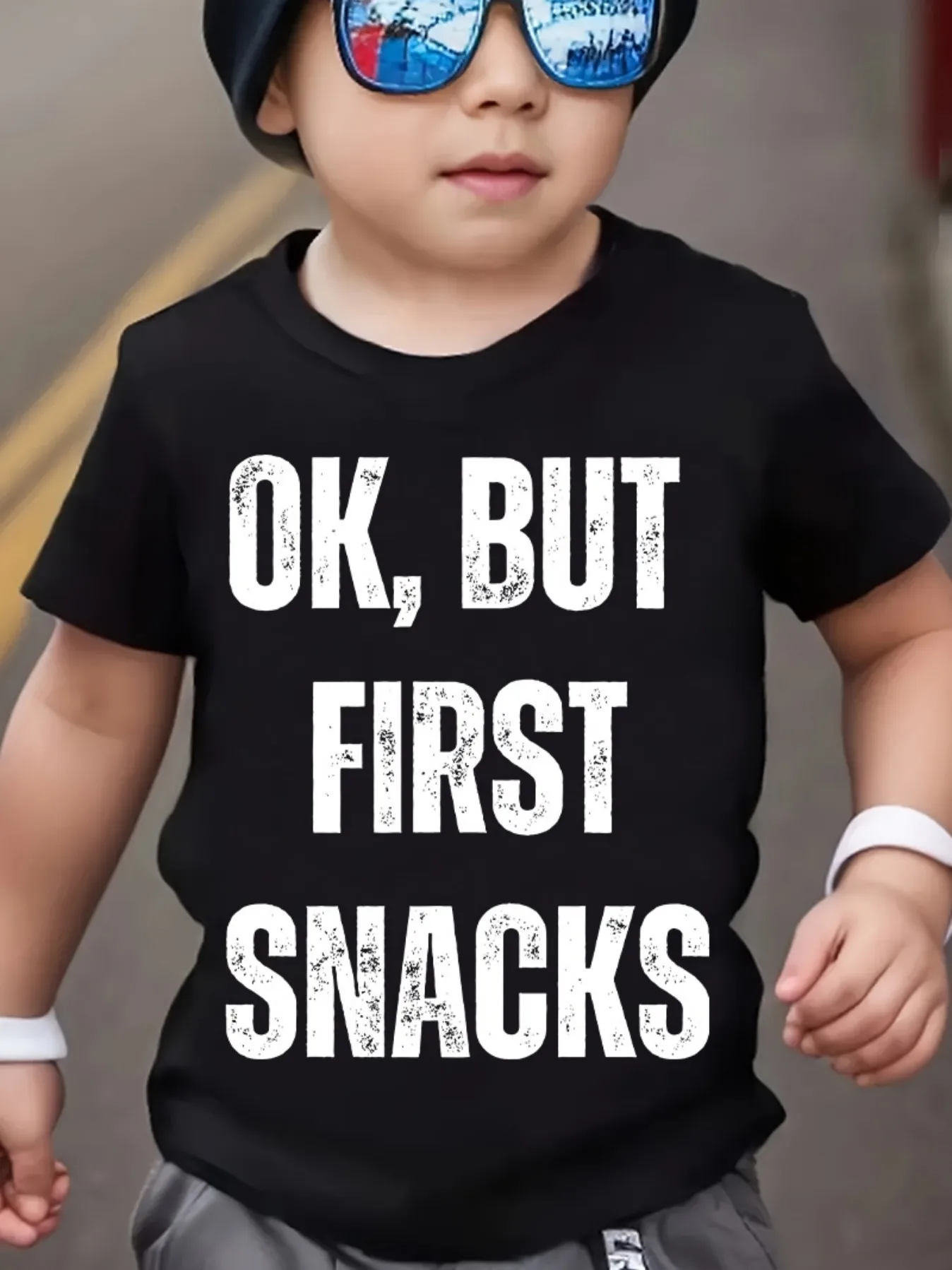 Ok But First Snacks Vintage Distressed Text Print Family Matching Cotton Tees Short Sleeve Tops For Mom Dad Boys Girls Daily Wea