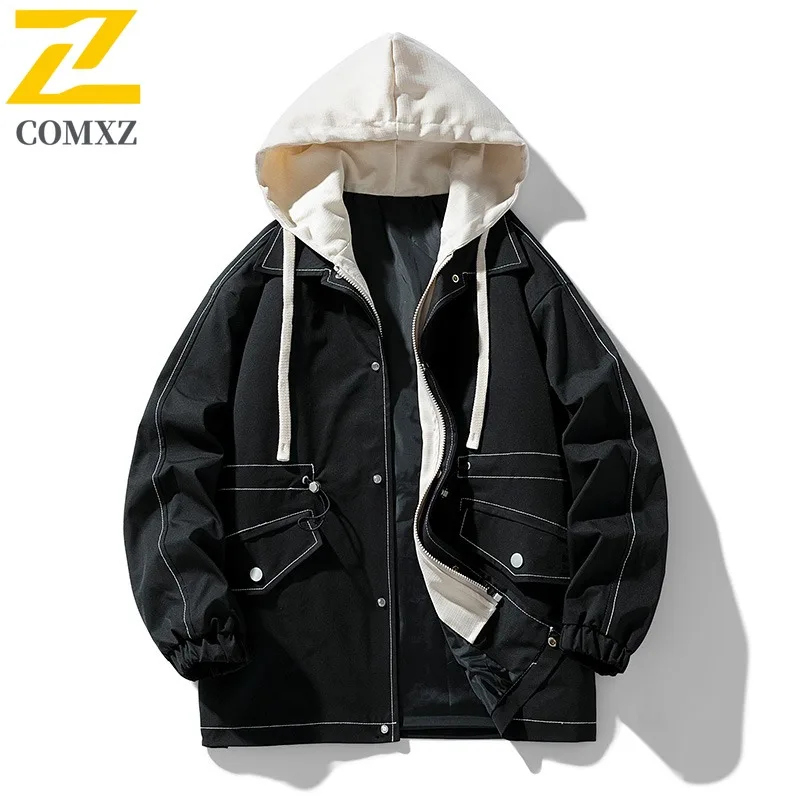 

COMXZ Men Hooded Leisure Jacket 2025 Korean Loose Classic Travel Camping Windbreaker Jacket Preppy Autumn Jackets Streetwear