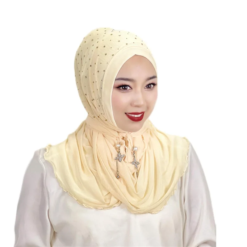 

Muslim Women Instant Hijab Pearl Diamonds Turban Pull On Wear Scarf One Piece Amira Hat Islamic Shawl Headwrap Stoles Headscarf