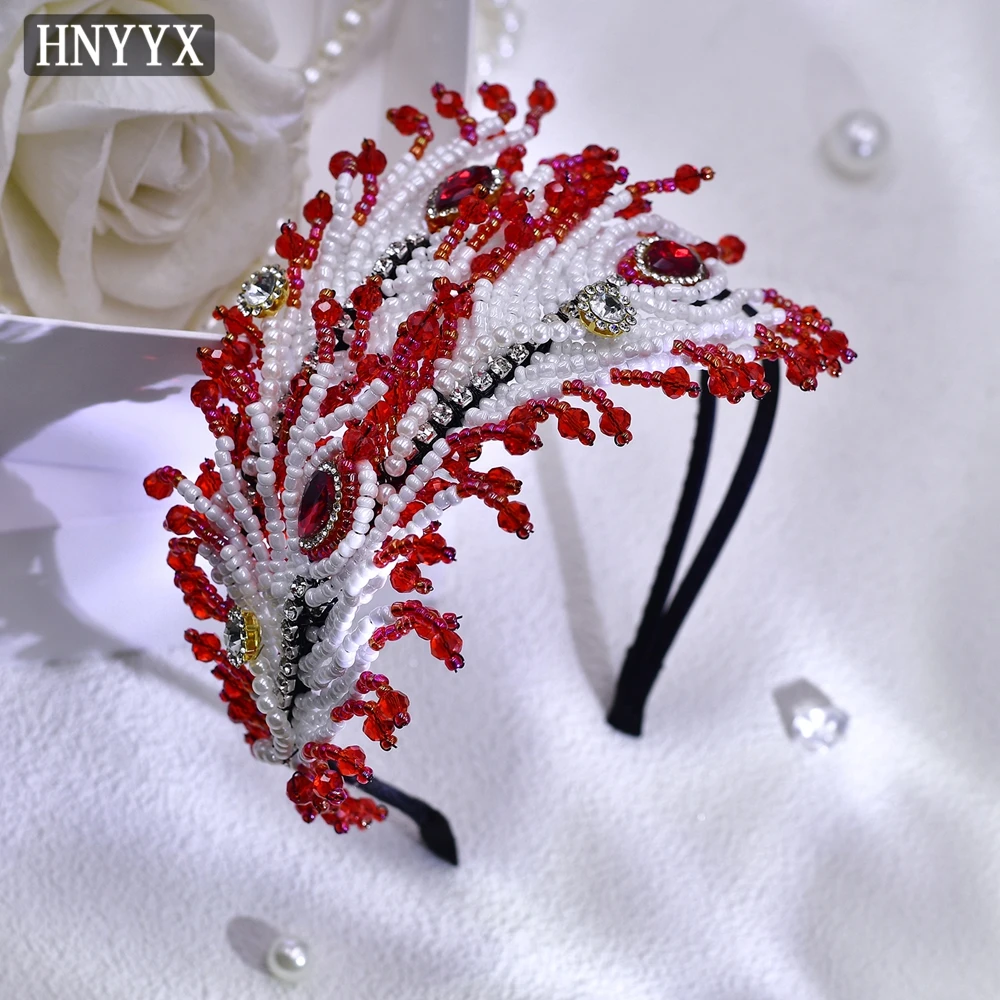 

HNYYX Fashion Elegant Women's Hair Accessories Shiny Rhinestone Headband Red Handmade Beaded Headwear Bridal Jewelry Tiara A212