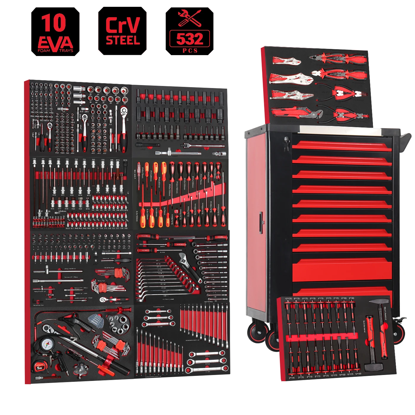Professional 10 Drawers 532pcs Roller Tool Sets Box Storage Tool Trolley/ Chest/ Cabinet / Cart