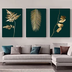 Modern Golden Green Plant Leaves Abstract Art Canvas Painting Nordic Posters and Prints Picture Living Room Home Decor Cuadros