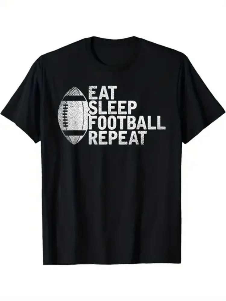 

Мужская футболка «Eat Sleep Football Repeat» — удобный хлопок, стандартный крой, забавная футбольная графика, повседневная футболка с круглым вырезом