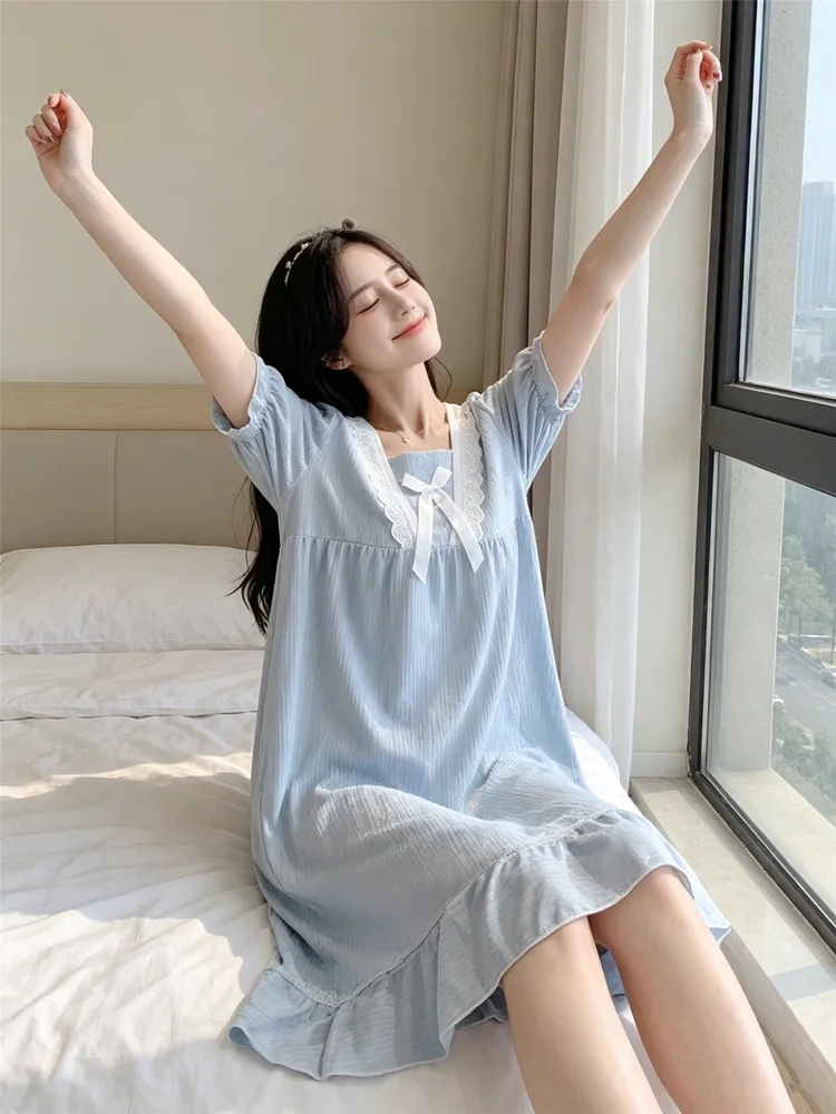 Summer Pajamas Dresses Sleepwear Sweet Korean Style Night Dress Women Nightgown Short Sleeve Lingerie Lace Patchwork Nightie