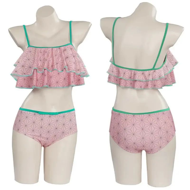 Aa124LQDemon Slayer conjunto de traje de baño Kamado Tanjirou Cosplay Nezuko Zenitsu Kochou Shinobu Bikini playa Anime disfraz de Halloween