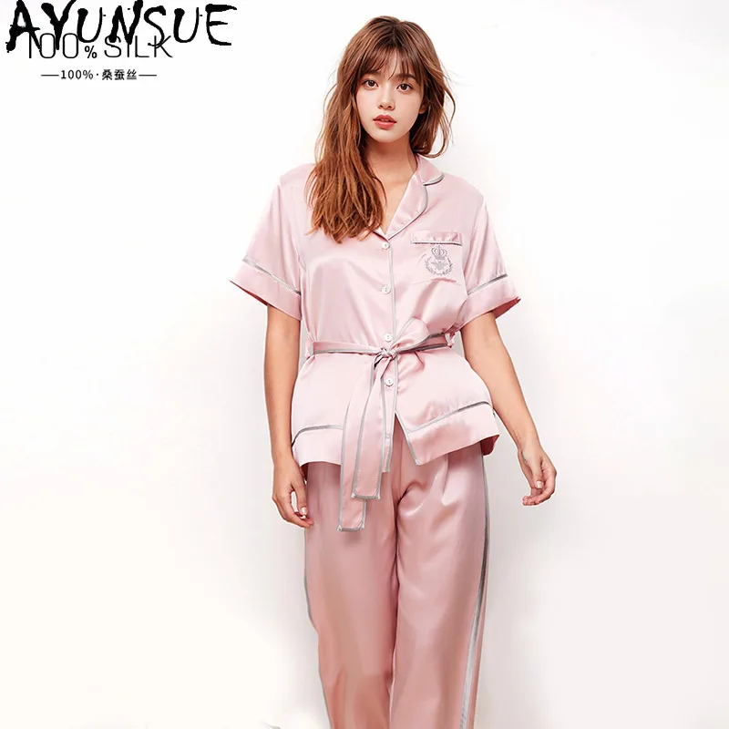 

AYUNSUE 100% Real Silk Pajamas for Women Summer Cool Pajama Sets Short Sleeve Top Long Pants Womens Matching Sets Пижама Женская