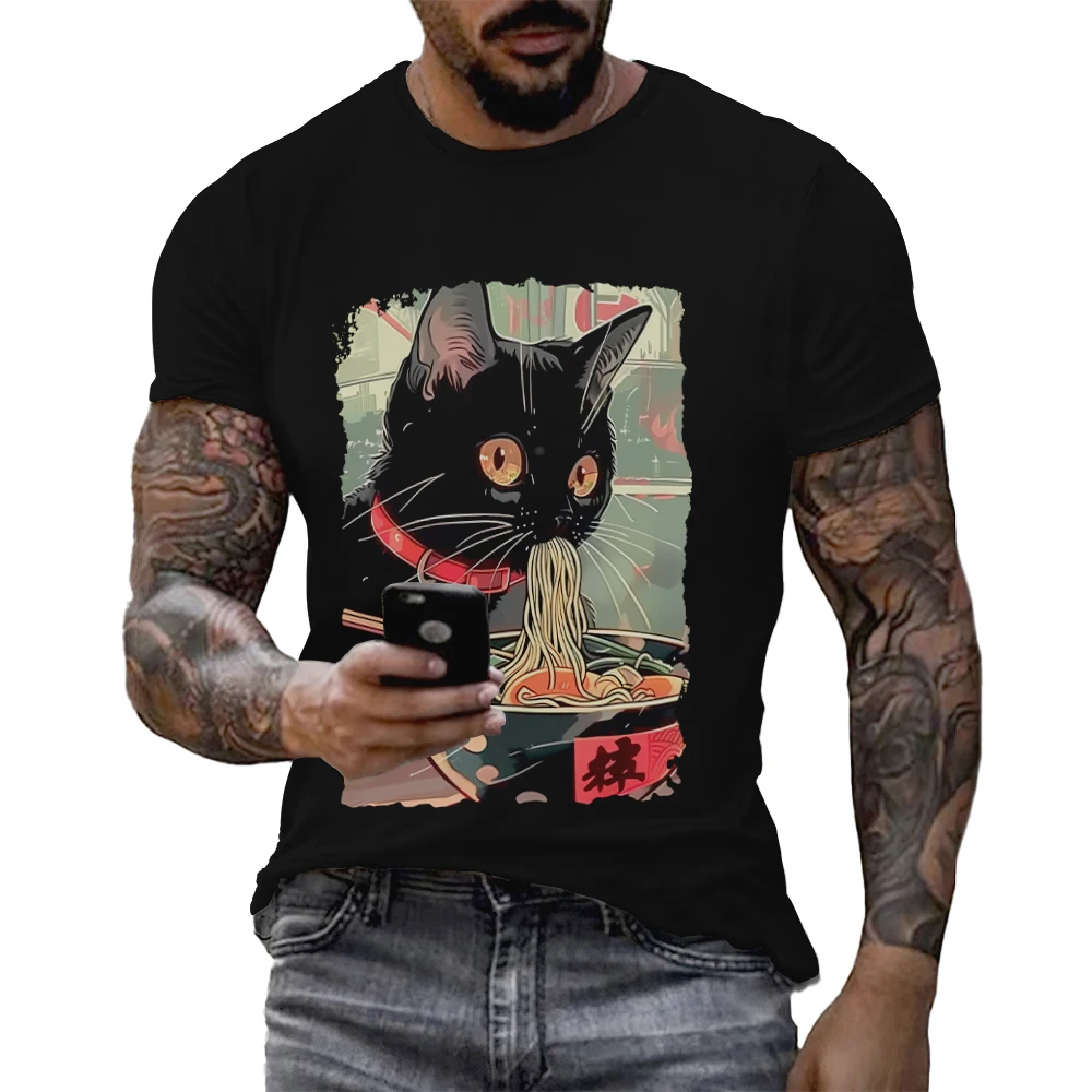 Cartoon Cats Eating Japan Ramen Noodle T-shirts Japanese Anime Style Cat Graphic T Shirt Kawaii Animal Casual Tiki Street Tops