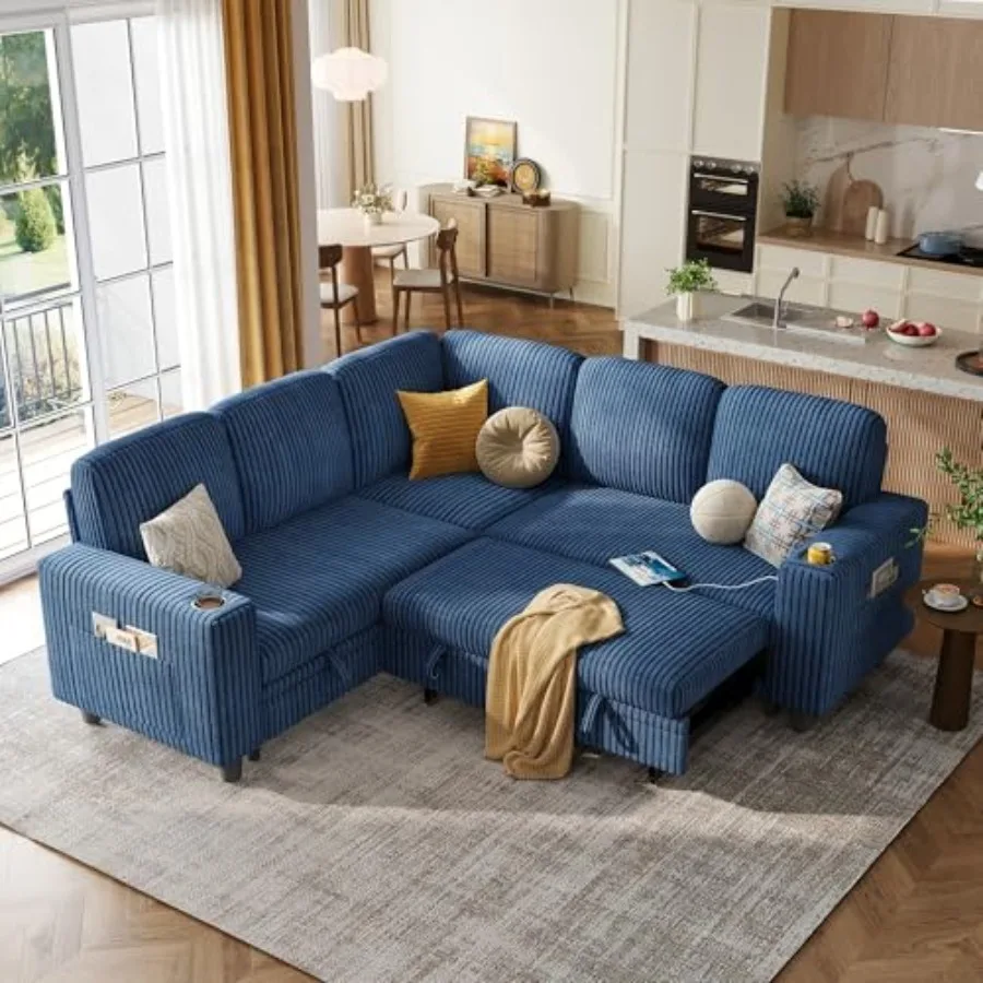 

Sleeper Sofa Bed with Pull Out Couch Modular Sectional Sofa Blue, Sleeper Sofa 2 Pull Out Sofa Bed, USB Charging, Cup Holders,