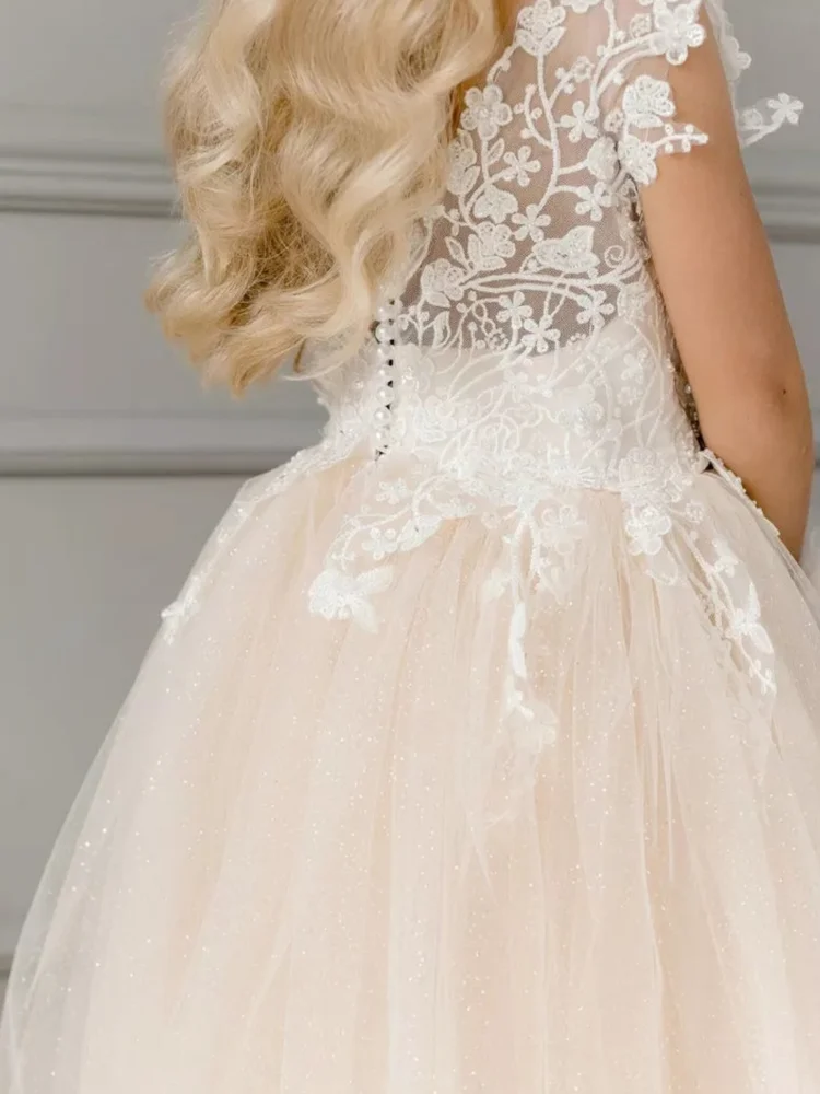 Robe bouffante en tulle et dentelle champagne pour filles, haut avec appliques, fête de mariage, soirée de première communion, quoi que ce soit