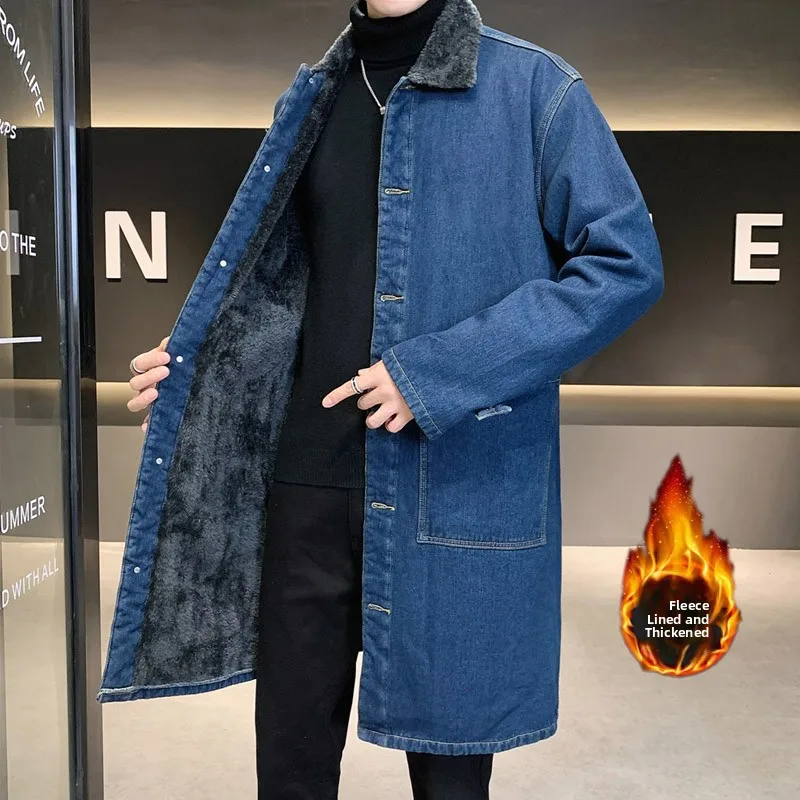 

Denim Sle Men's Jaet Autumn Winter Fce Lined Oversize Korean Faion Loose Coat Large Size Youth Casual Wear