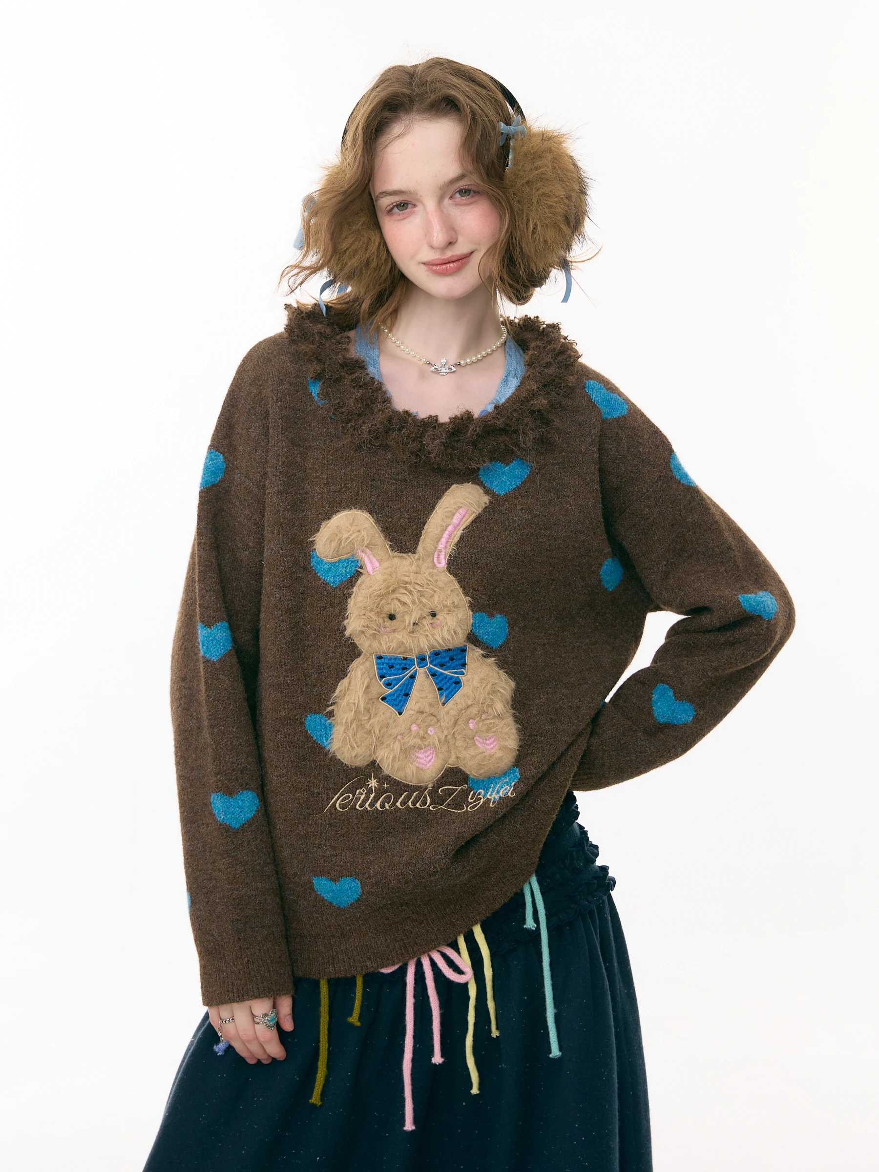

ZiziFei Brown Rabbit Heart aped Sweater Women's Autumn Winter Warm Polyester Blend Long Sve Vintage Sle Knitwear