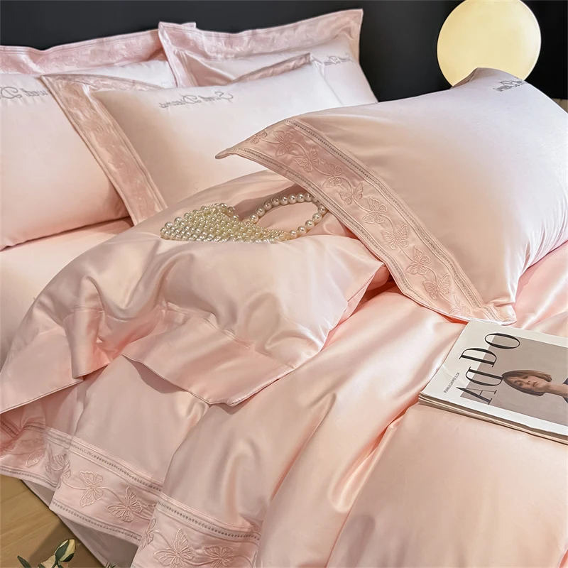 600TC Egyptian Cotton Luxury Butterfly Embroidery Bedding Set Duvet Cover Flat Sheet Pillowcases 4Pcs Bed Linen Queen King Size