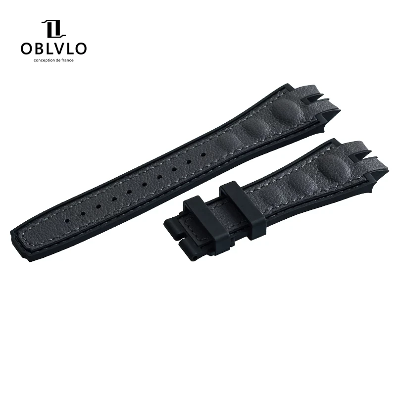 OBLVLO Mens Design Top Layer Cowhide Rubber Stitching Material Genuine Leather Watch Band For LM Series Watch