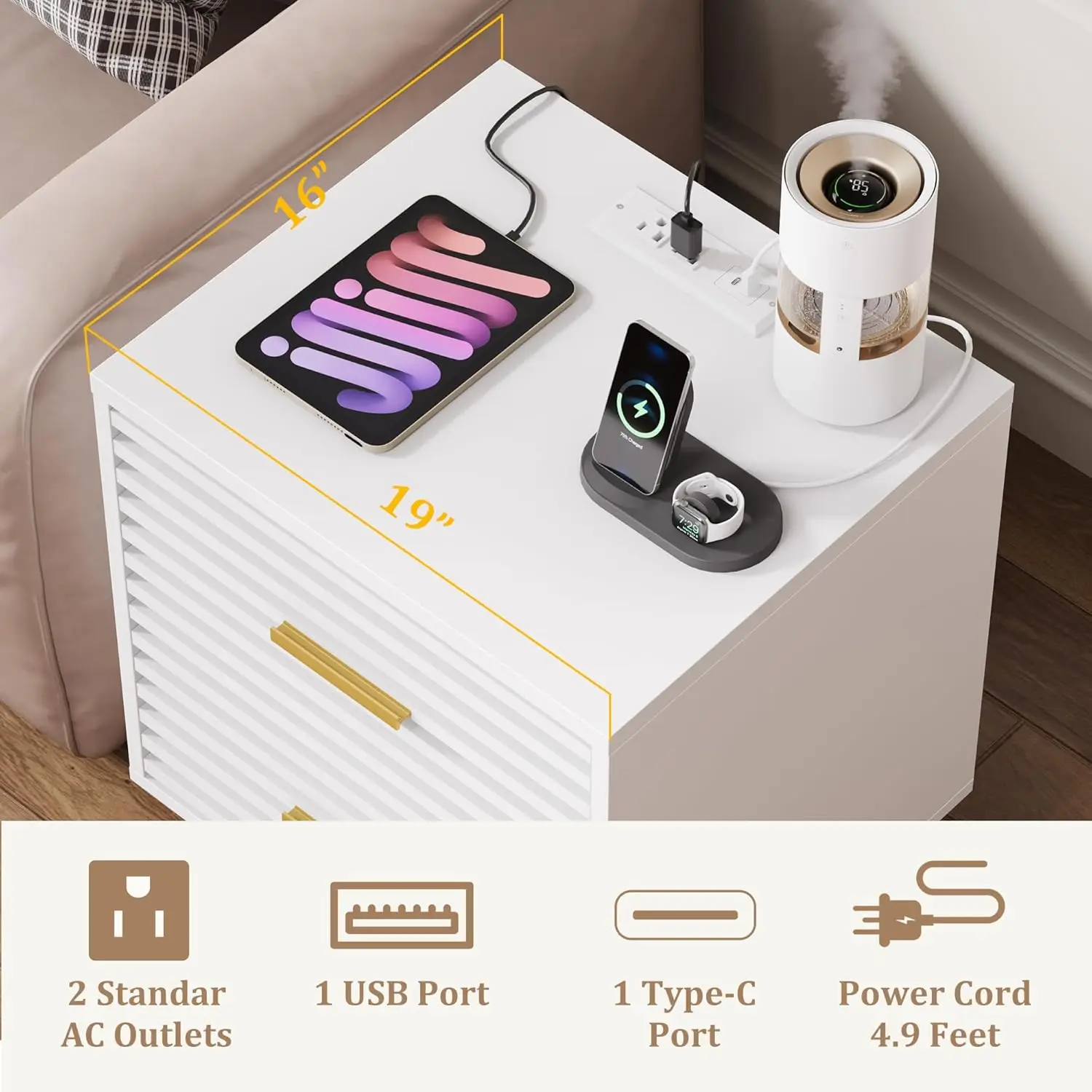 Nightstand with Charging Station and USB-C Port, 19