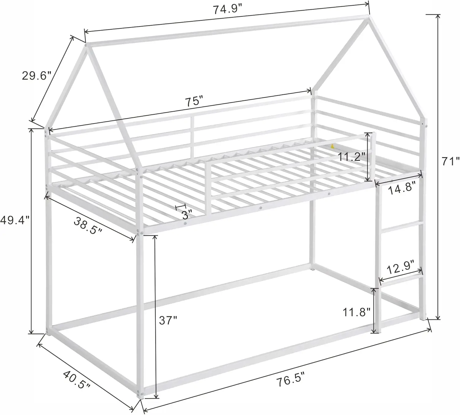 Bunk Bed Twin Over Twin Junior Metal Floor Bunk Bed with Ladder House Shaped Bunk Bed Frame for Kids Boys Girls