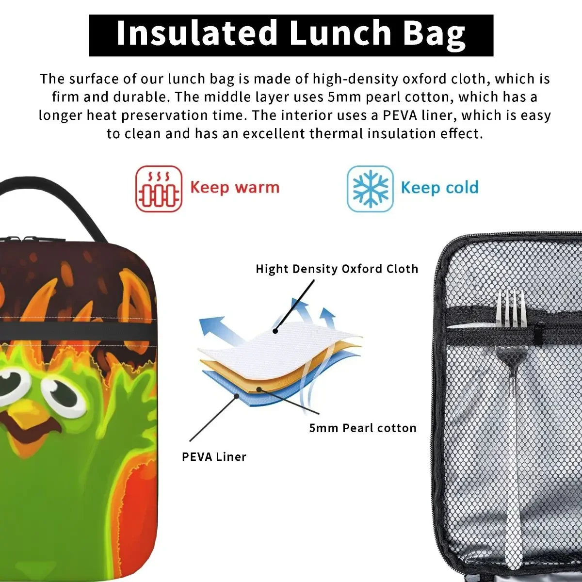 إلمو ميمي الطلاء Duolingo اكسسوارات معزول أكياس الغداء لتخزين المدرسة صناديق الطعام المحمولة الحرارية برودة صناديق الغداء