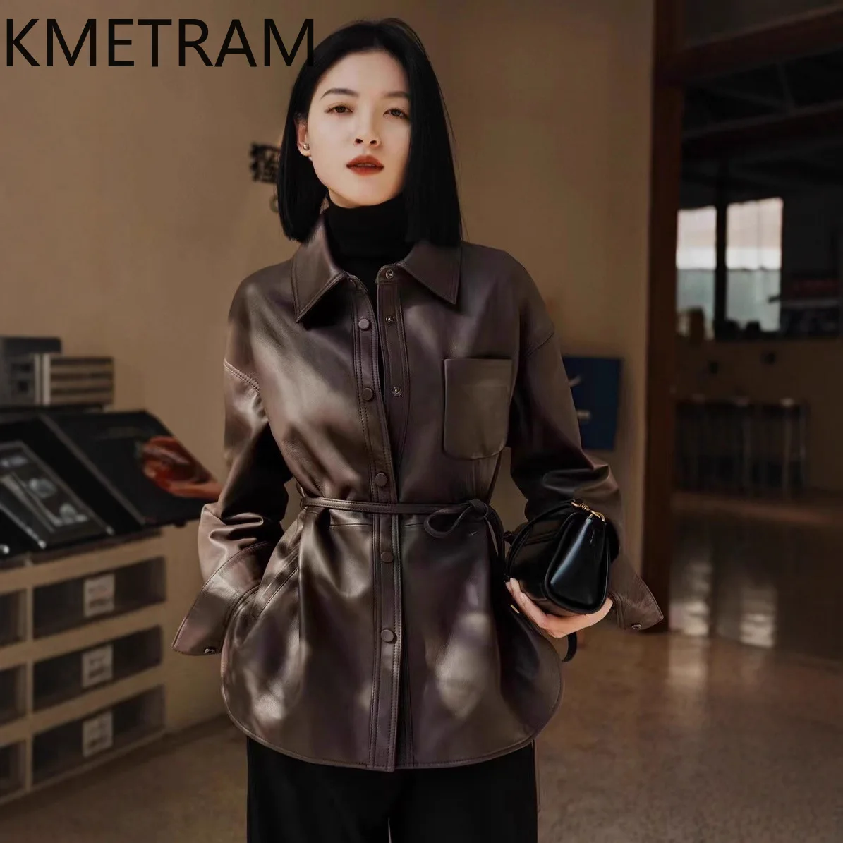 KMETRAM Genuine Sheepskin Leather Jacket Woman Mid-Length Shirt Coat Casual Loose Real Leather Jackets Fall Women Clothing 2026