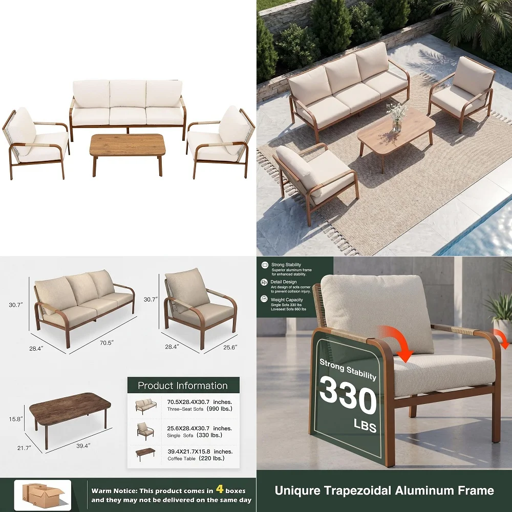 

Patio Sofa Set, 4Piece Outdoor Furniture with Coffee Table and Cushions, Garden and Balcony Conversation Set, Beige