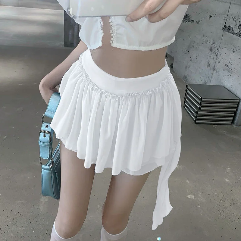 White Blue Chiffon Short Kawaii Skirt A-Line Ruffles Casual Mini Skirt Beach Summer