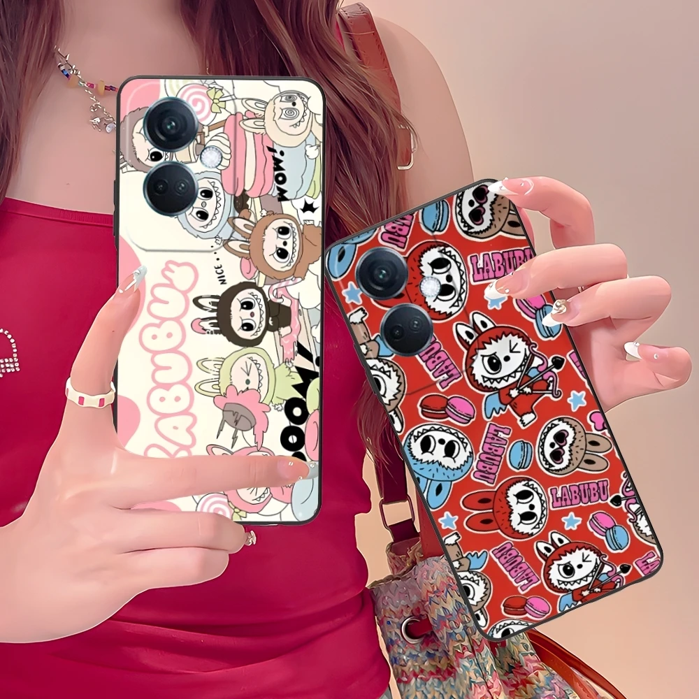 Cute Labubu Painting Mobile Cell Phone Case for OPPO Find X5 X3 X2 A93 Reno 8 7 Pro A74 A72 A53 Black Soft Phone Cover Shell