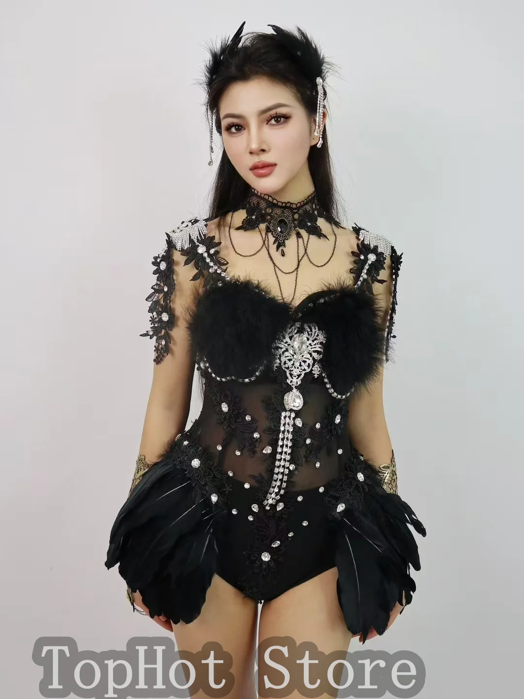 Vrouwen Zanger Danser Nachtclub Gogo Dans Kostuum Zwarte Veer Transparant Kant Bodysuit Sexy Stadium Slijtage Club Party Prestaties