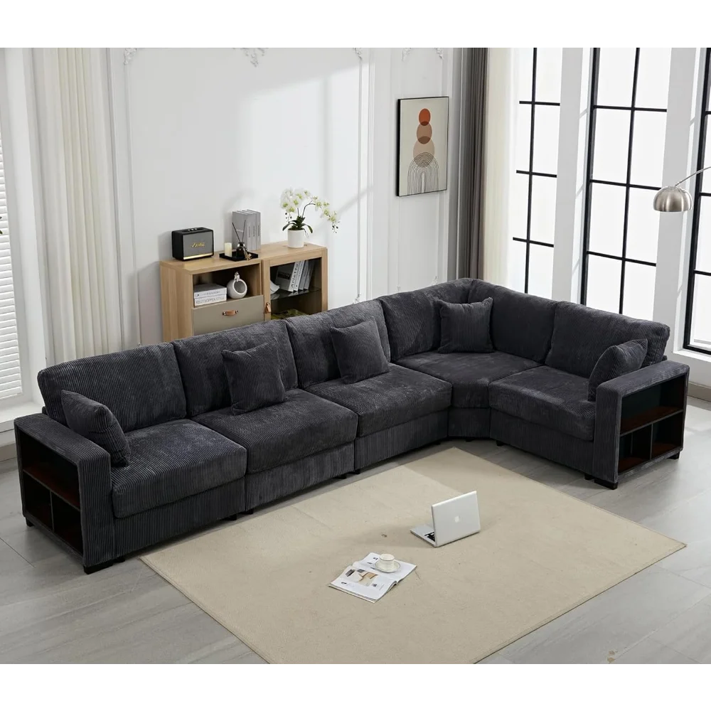 

Corduroy Large Sectional Sofa Couches for Livingroom, Modern Oversized 5 Seat L-Shaped Sofa Set with Chaise&Storage Cabinet