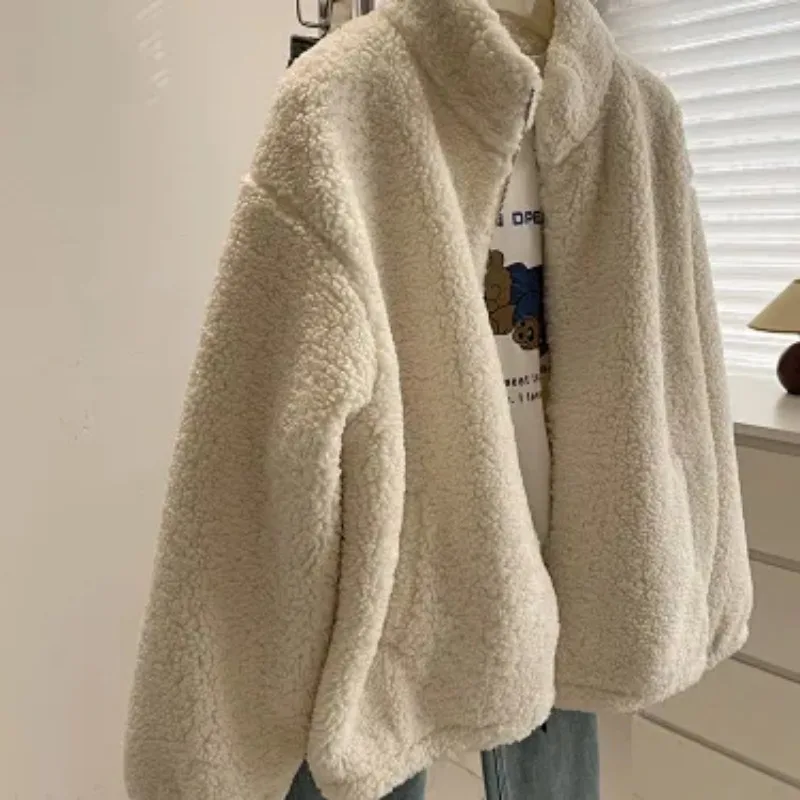Women Winter Faux Lamb Wool Stand Collar Zip Up Loose Jacket Thick Warm Petite Casual Outerwear