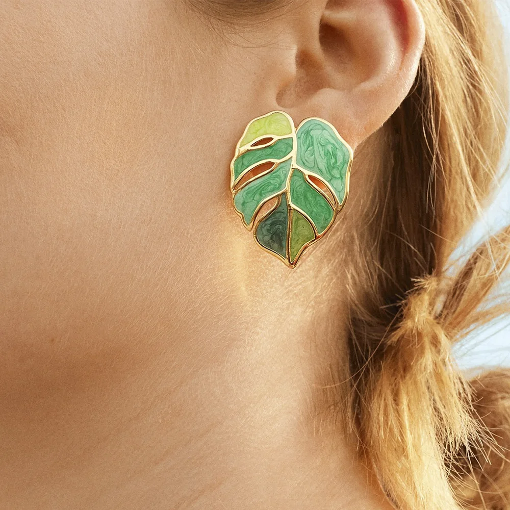 Personality 14K Gold Filled Green Enamel Leaf Ear Cuff Drop Dangle Stud Earrings For Women Ins Fashion Accessories Dropshipping