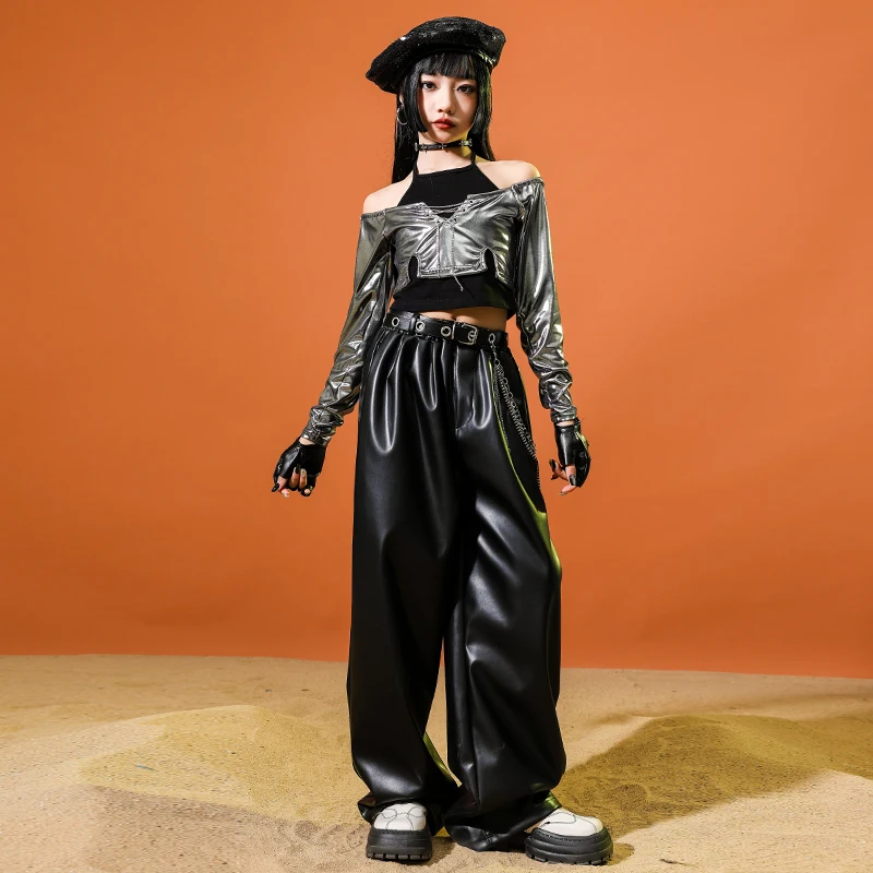 Mädchen Hip Hop Kleidung K-pop Shiny Crop Tops Street Dance Outfits Silber Hosen Kinder Streetwear Kind Jazz Kostüm Kleidung Sets