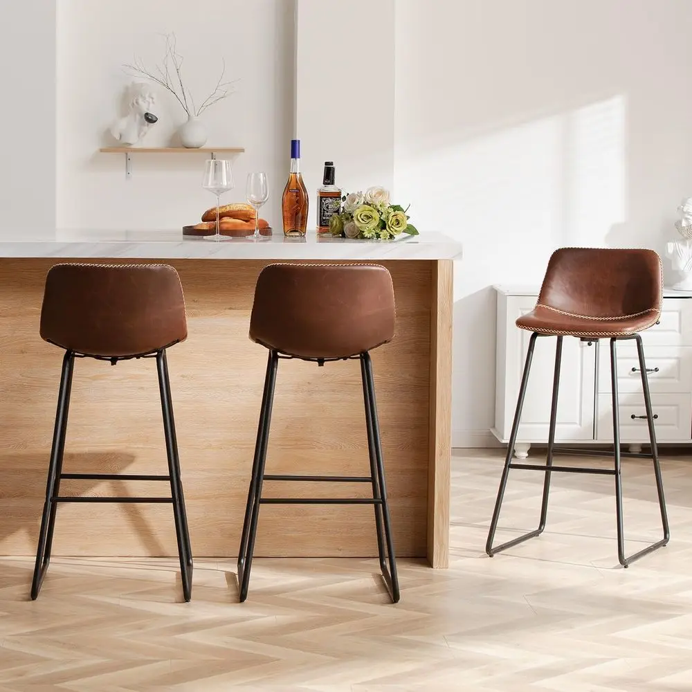 

Set of 3 Brown Faux Leather Counter Height Bar Stools with Back Support for Kitchen Island, Metal Legs