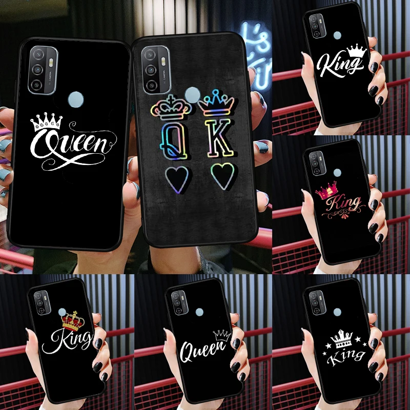 Crown QUEEN & KING Couples Funda For OPPO A52 A72 A92 A94 A74 A54 A1K A15 A16 A3S A83 A91 A93 A5 A9 A53 A31 A53S Case