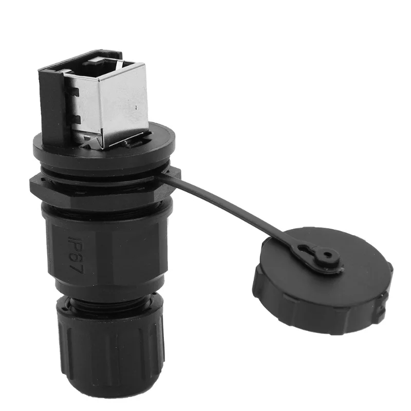 RJ45 Ethernet Connector 180° Water Dust Proof RJ45 Adapter Black Outdoor 8 Pin Post Installation Coupler IP67