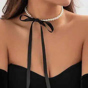 Exquisite Imitation Pearl Choker Necklace Fashionable Bow Tie Lace Up Velalvet Necklace…
