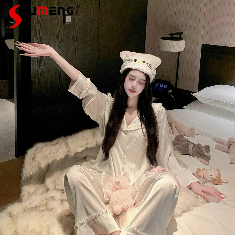 

Милый полосатый комплект домашней одежды из ледяного шелка, женские пижамы в корейском стиле с длинными рукавами, женские весенне-осенние элитные милые пижамы для сна