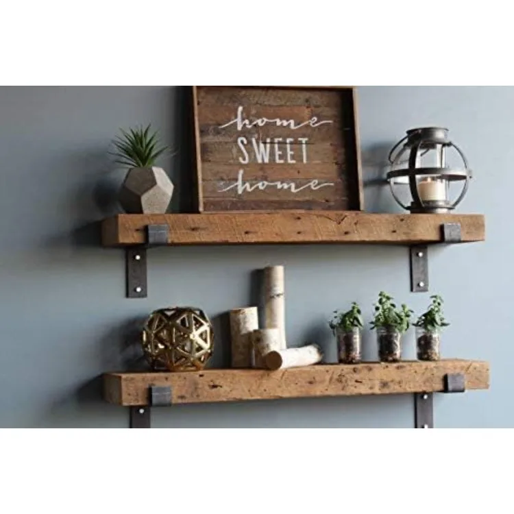 Reclaimed Barn Beam Accent Shelves | Floating or with Brackets Rustic Shelves, Set of 2 |(Bracketed Natural, 40