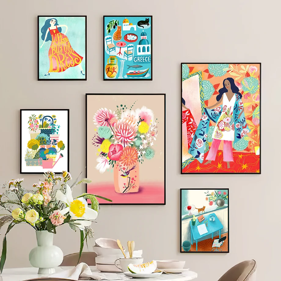 Boho Buntes Mädchen mit Vase und Blumen Illustration Wandkunst Leinwandgemälde Abstrakte Poster und Drucke Bilder für Wohnzimmer