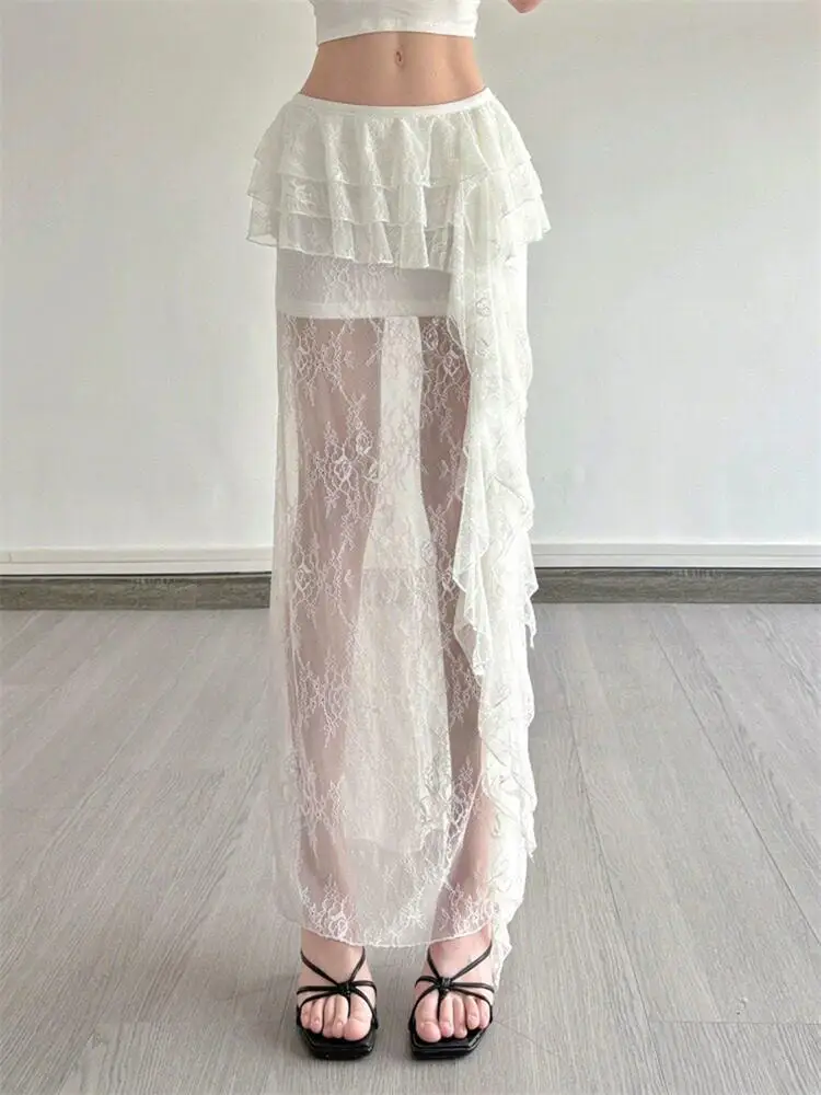 American Style Pure Desire Sexy Lace Splicing Net Gauze Half Skirt with Pleated  Drifting Band Long Skirt for Ladies