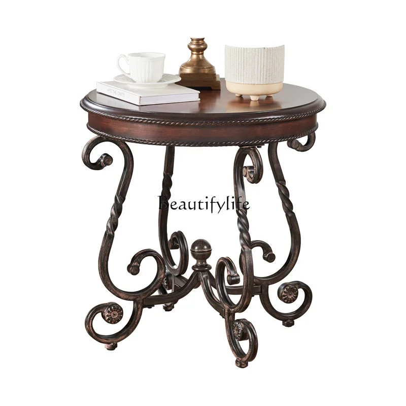 

American Style Side Table Sofa Round Table Solid Wood Iron Legs Vintage Leisure