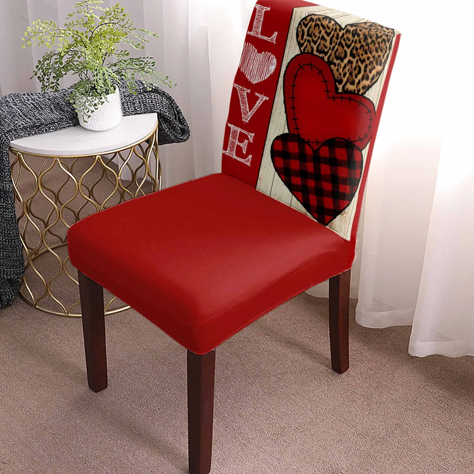 Valentine'S Day Heart Leopard Print Chair Cover Set Kitchen Stretch Spandex Seat Slipcover Home Decor Dining Room Seat Cover