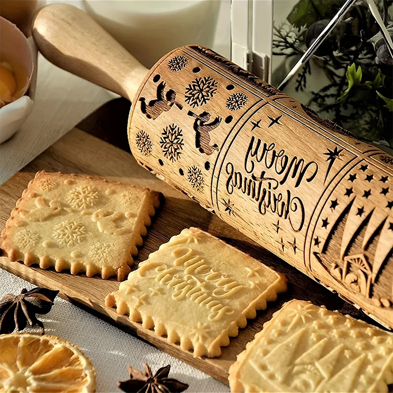 Christmas Rolling Pin Wooden Embossed 3d Xmas Pattern Cookie Mold Laser Engraved Diy Baking Tools Dough Roller Pastry Stamp Tool