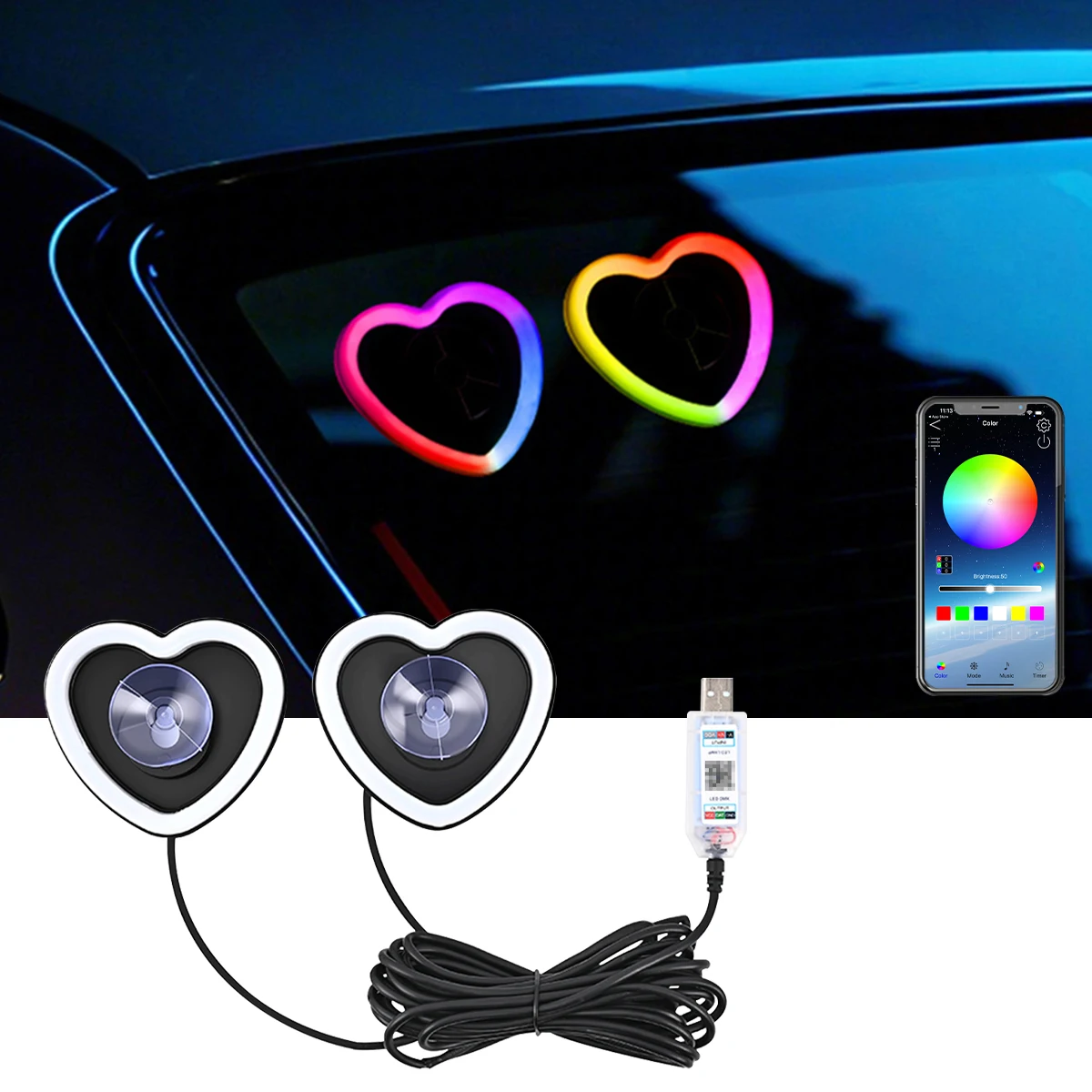 1/2PCS USB Heartshaped Led Atmosphere Light Colorful Car Front Rear Windowsheid Decorative Light Love Ambient Neon Night Light