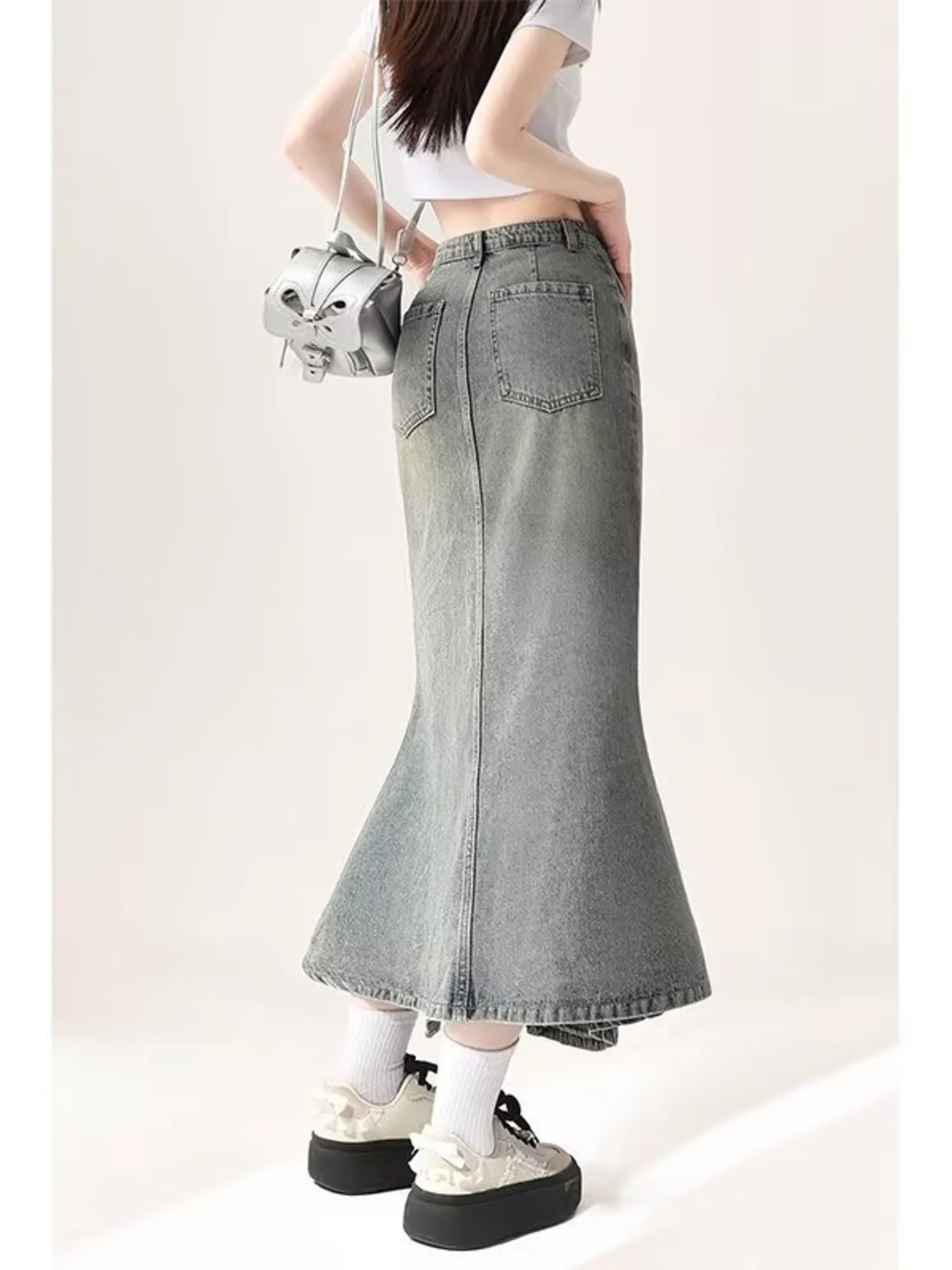 Women's Vintage Washed Denim Mermaid Maxi Skirt High Waist Front Slit Ruffle Hem Midi Jean Skirt XS-3XL view 5