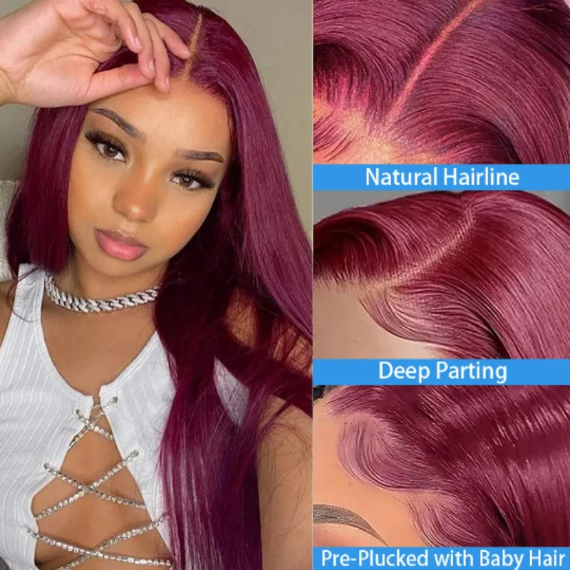 HD Lace Frontal Wig 13x4 13x6 100% Burgundy Straight Human Hair 30 40 Inch PrePlucked Transparent For Women Lace Front Wigs