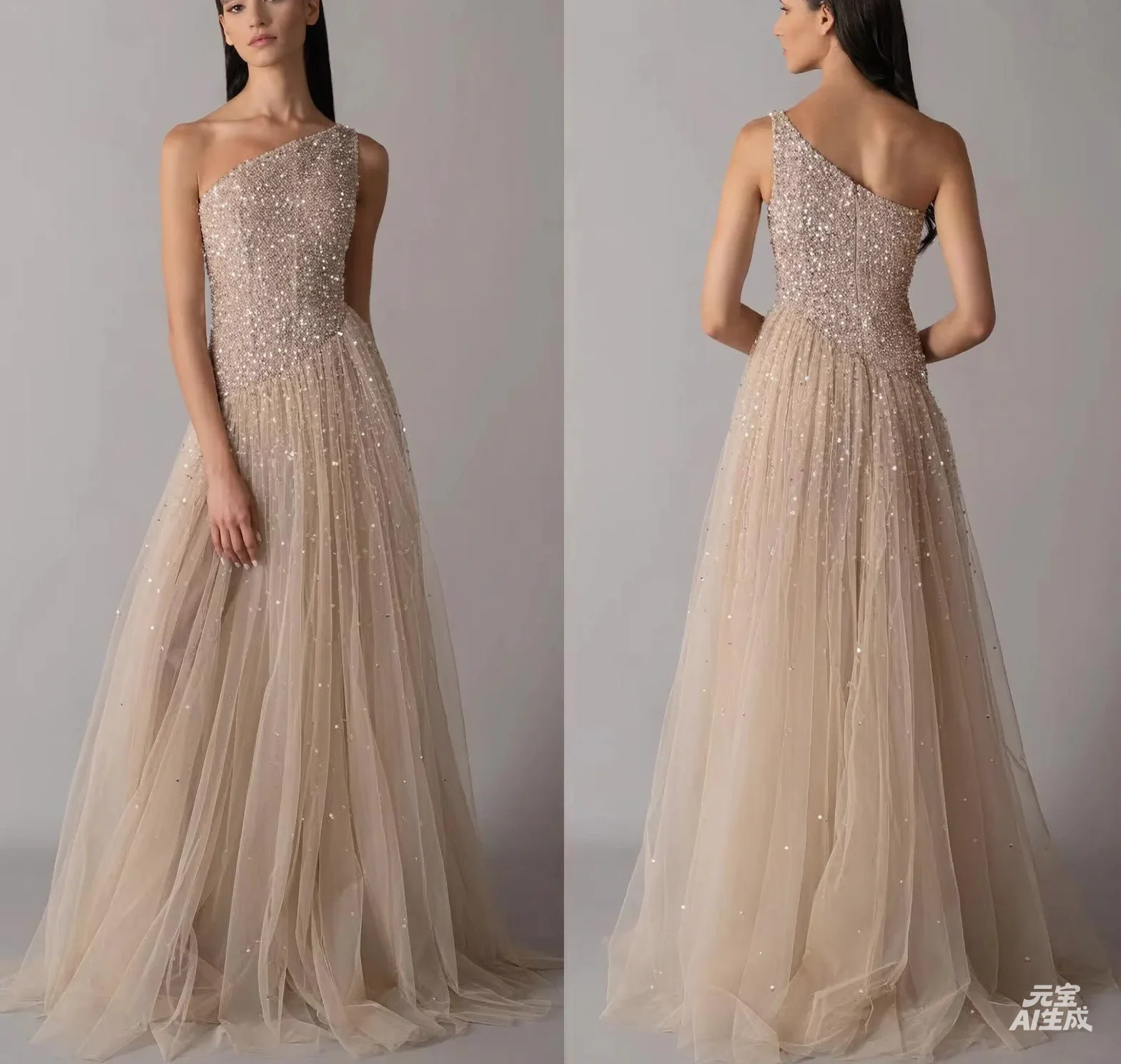 Customized High Quality Classic Tulle Sequined Beading A-line One-shoulder Long Dresses Bespoke Occasion Dresses Modern Style