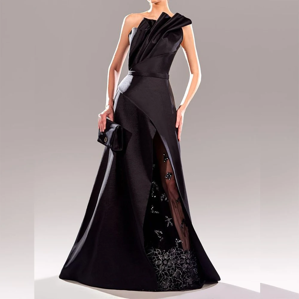 

Formal Black Evening Dresses Luxury Lace Appliques Sweep Train Sleeveless Gowns Special Occasion Pleat Dress Vestidos
