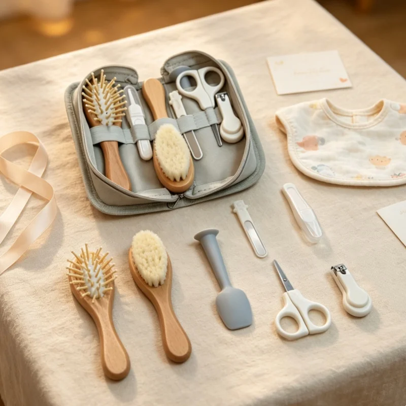 Baby daily care set (gray / khaki color), wooden brush air cushion comb, nail clippers, scissors, nail file, cleaning tweezers,