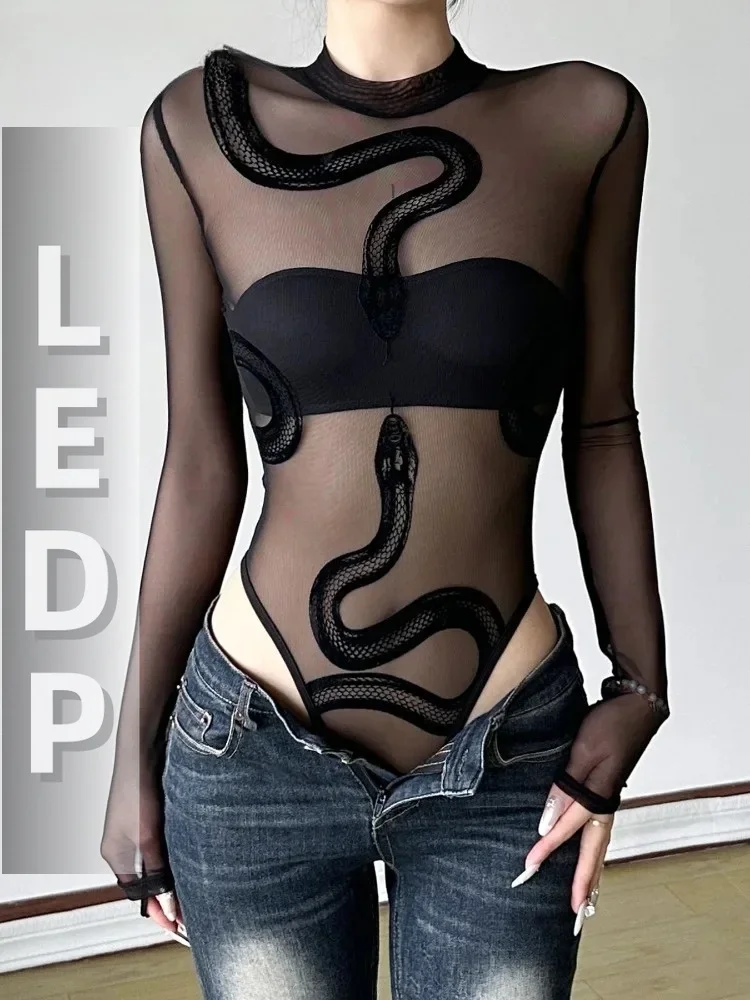 IMU Sexy Gothic Bodysuit Women Vintage Streetwear Flocking Snake Print Long Sleeve See Through Jumpsuit Y2k Emo Alt Clothes