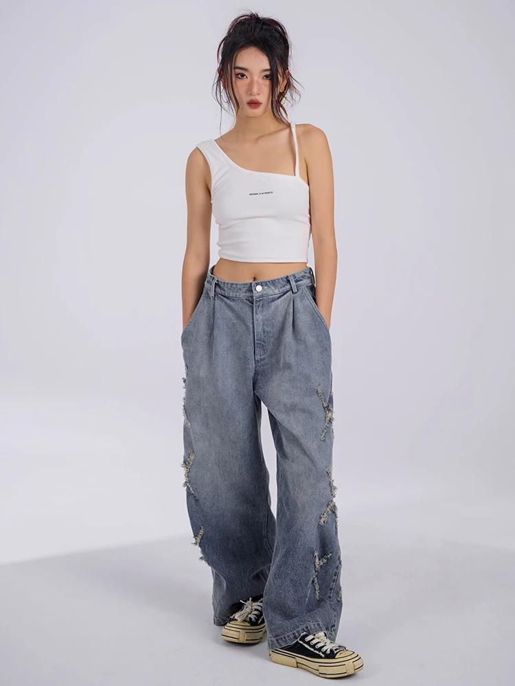 Original BAK Distressed Straight Leg Jeans Women's Loose Fit Versatile Vintage Denim Long Pants Neutral Style Spring 2023