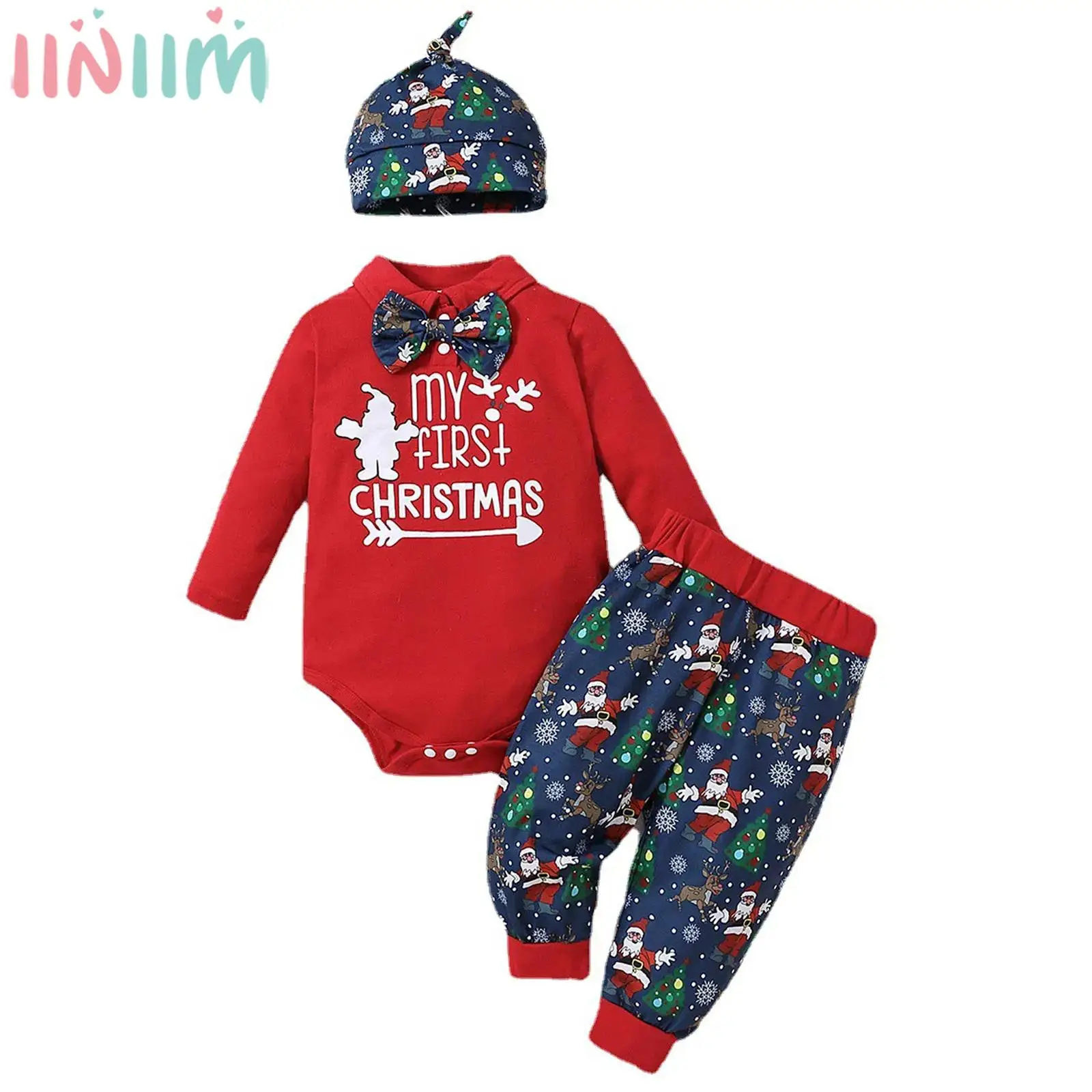 

Newborn Baby Boys Christmas Santa Claus Costume Xmas New Year Party Gentlemen Suit Long Sleeve Print Rompers with Pants Hat